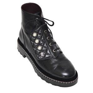 CHANEL Black Leather Boots Quilted Silver Chain Pearls CC Lace Up Cap Toe 38C